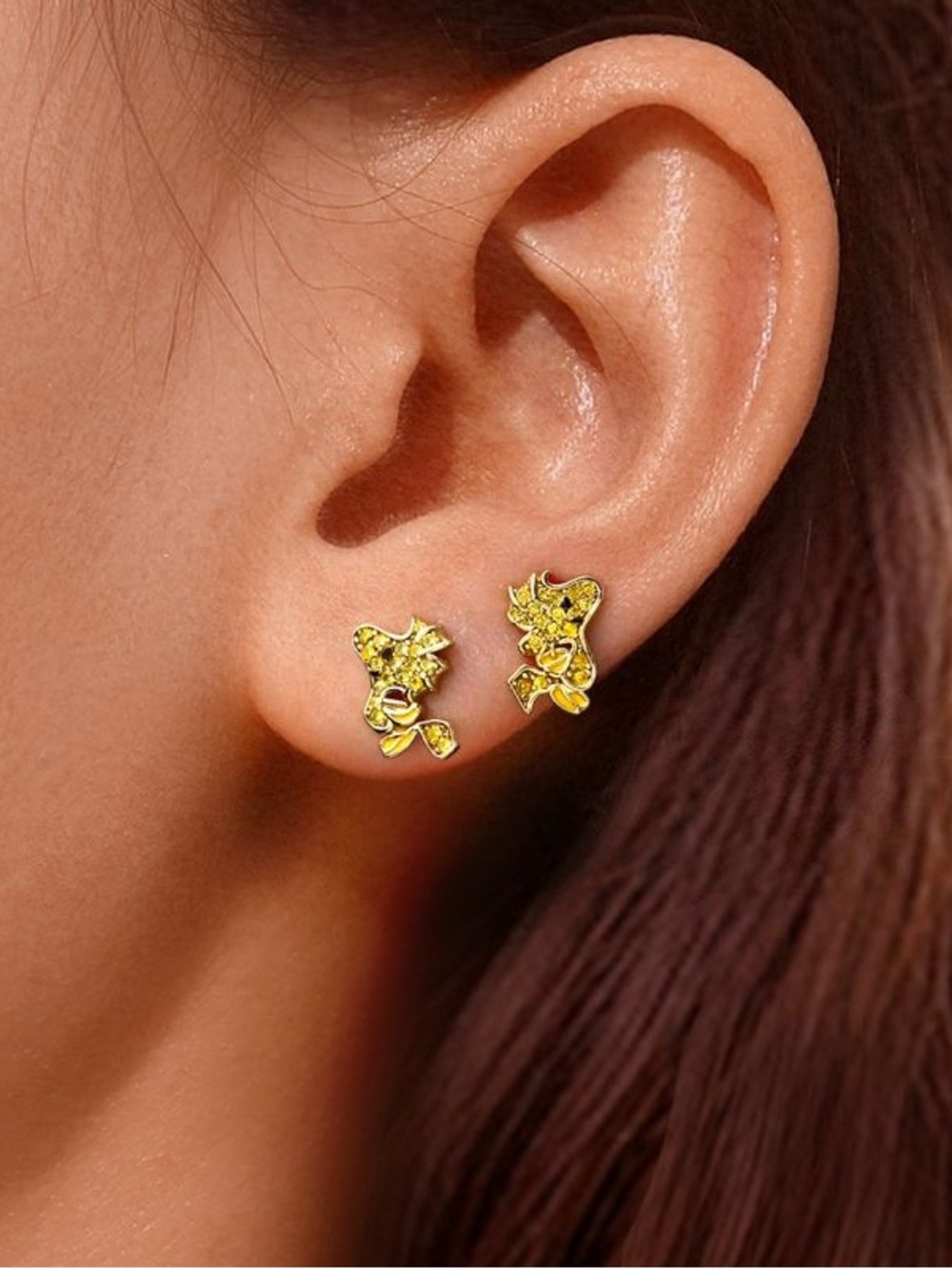 18K Gold / 925 Sterling Silver Peanuts Woodstock Yellow Gemstone Stud Earrings - Picture 3 of 7